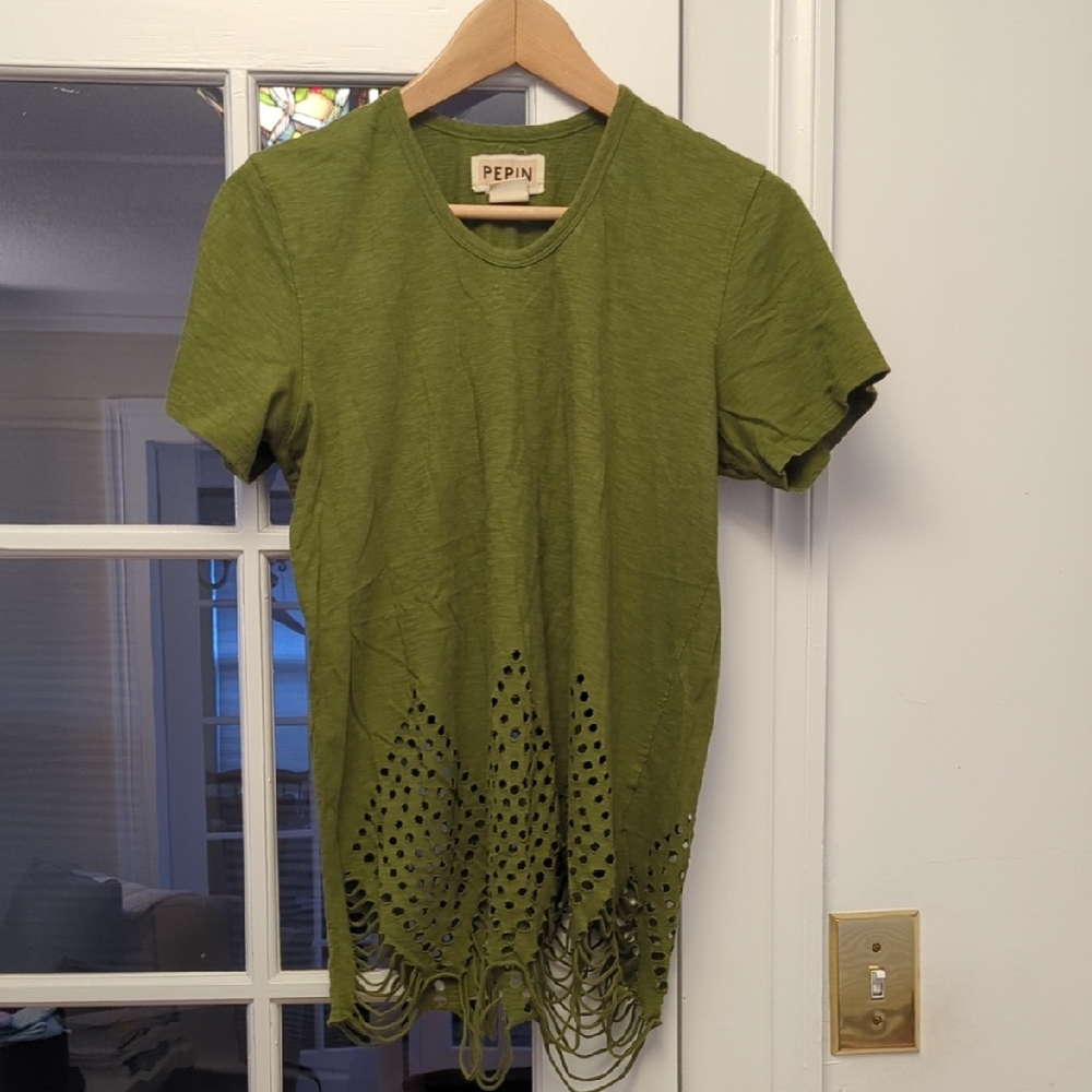 Pepin Olive Fringe Short Sleeve Top